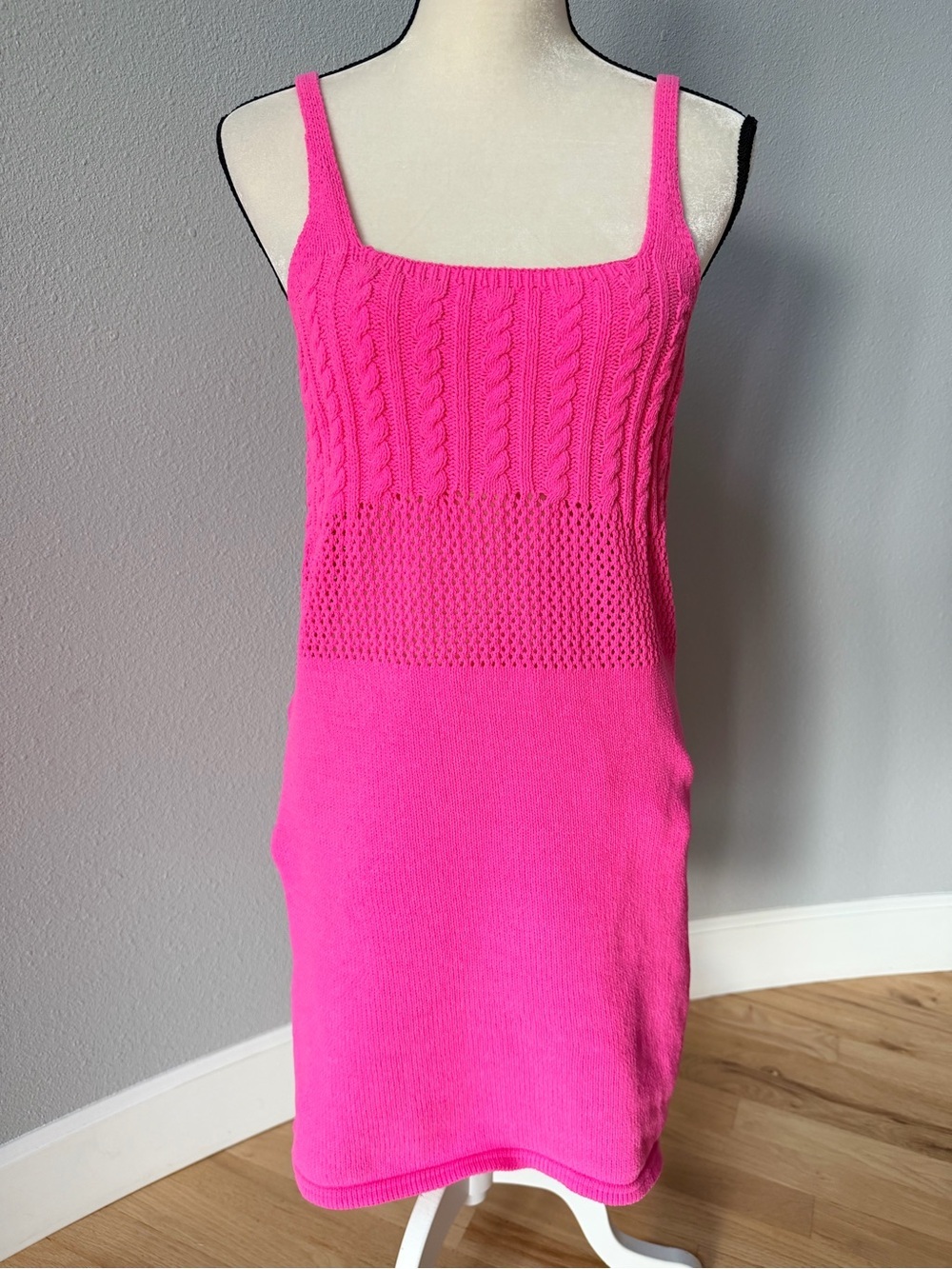 ZARA Hot Pink Crochet Cable Knit Mini Dress Size Large Square Neck Barbiecore - Picture 2 of 11